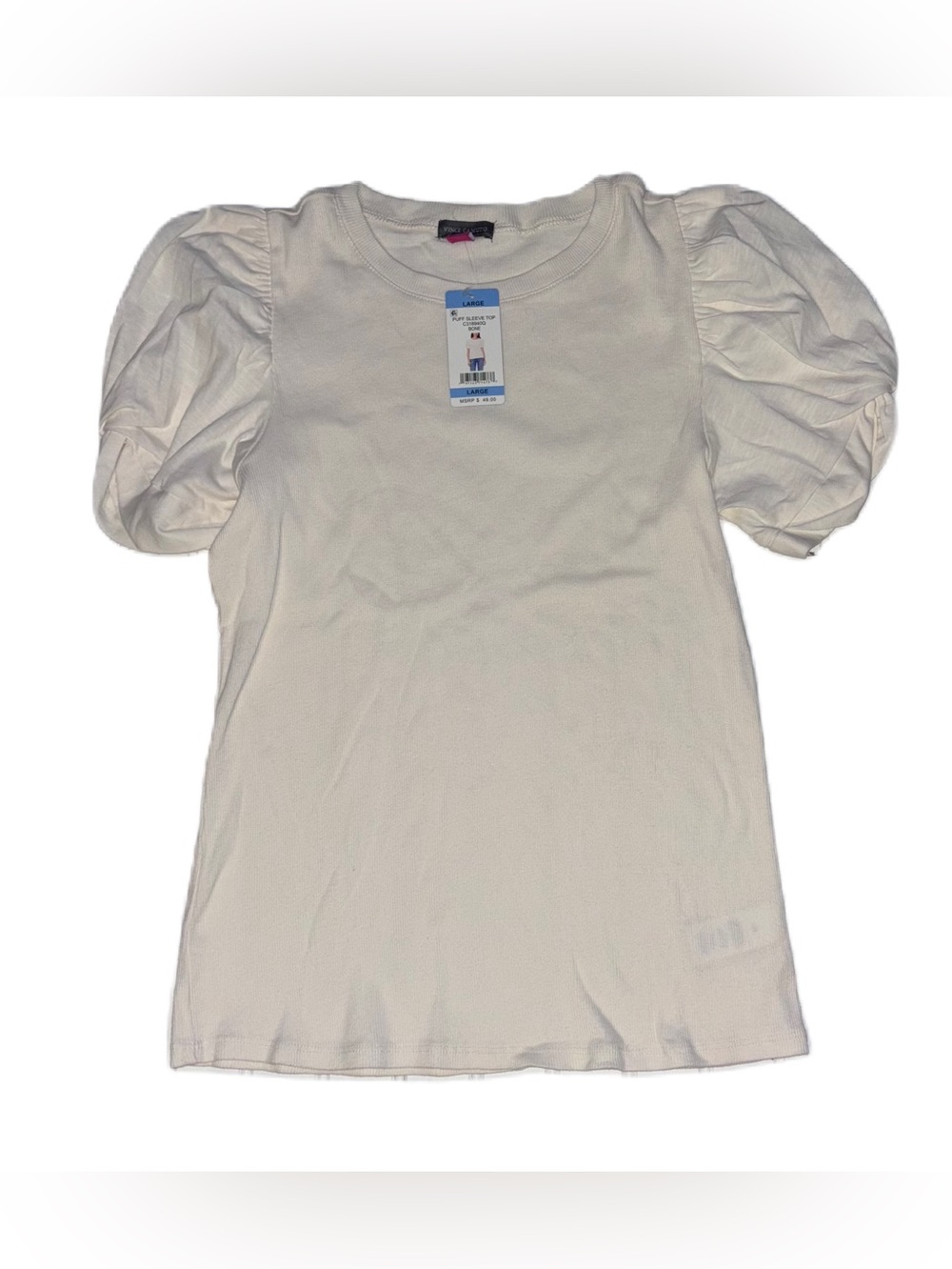 Vince Camuto Bone Crewneck Puff Sleeve Ribbed Women’s Top shirt L